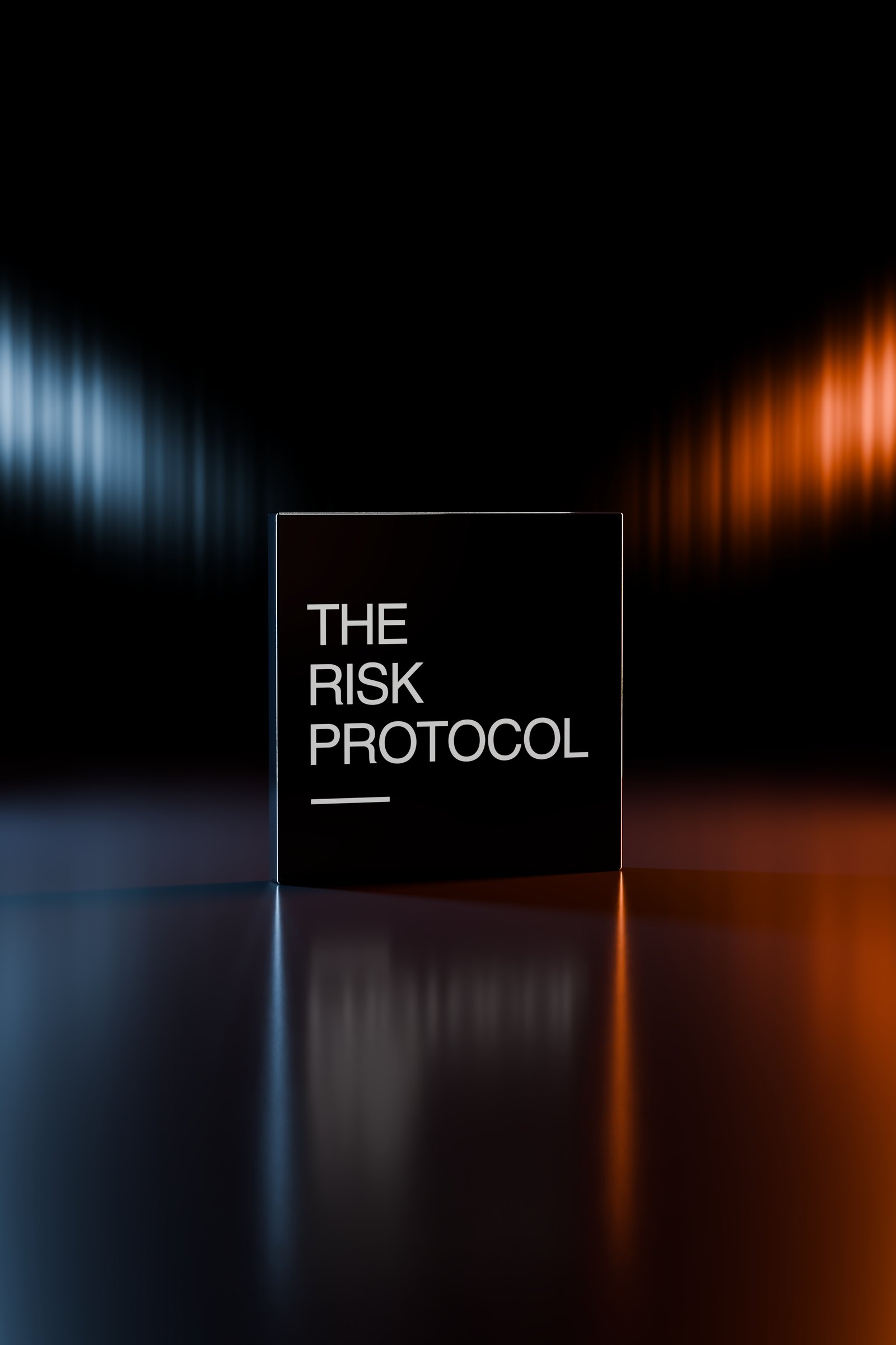 The Risk Protocol logo as a black lacquered tile, lit in steel blue and burnt orange